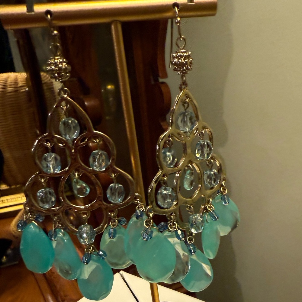 Vintage Y2K J. Crew Gold and Teal Chandelier Earrings 3.5” Drop - Picture 2 of 5